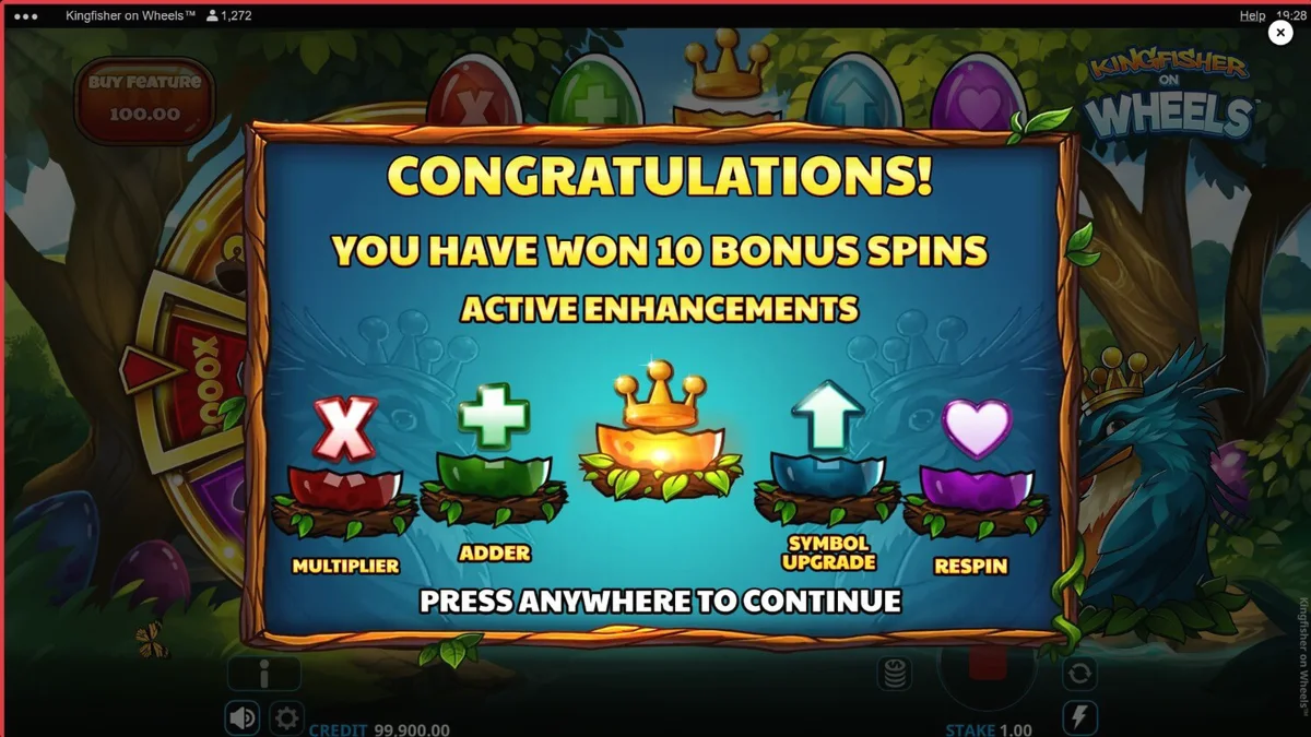 Kingfisher on Wheels slot game interface with a regal bird and fortune wheel